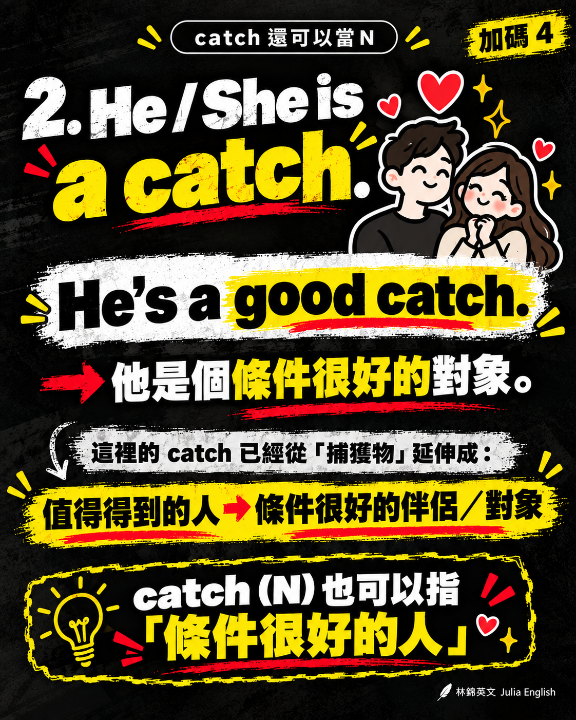 He is a good catch 表示條件很好的對象