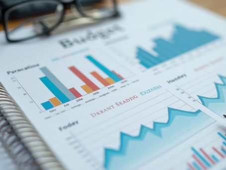 A detailed financial budget planner open on a tabletop showing colorful charts  and graphs