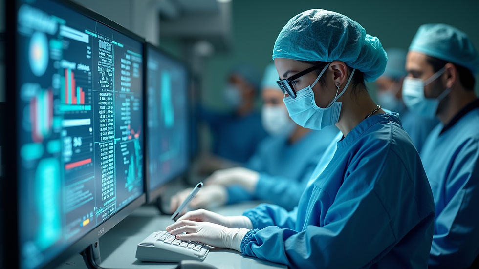 High angle view of medical data analysis using AI technology