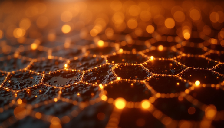 Eye-level view of a honeycomb pattern with glowing cells