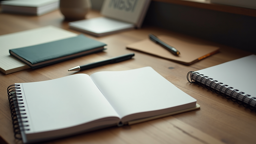 High-angle view of neatly arranged notebooks and stationery on a table