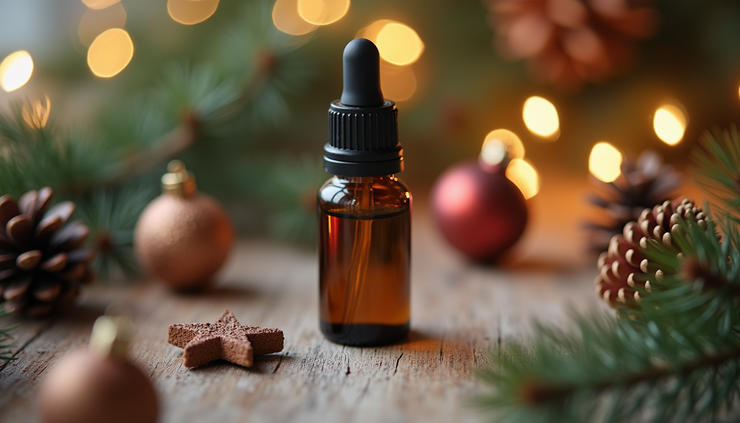 High angle view of a bottle of calming essential oil with holiday decorations