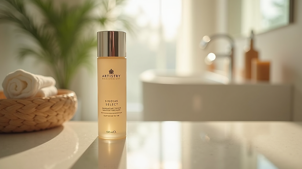 Eye-level view of Artistry Signature Select™ Serum in a serene bathroom setting