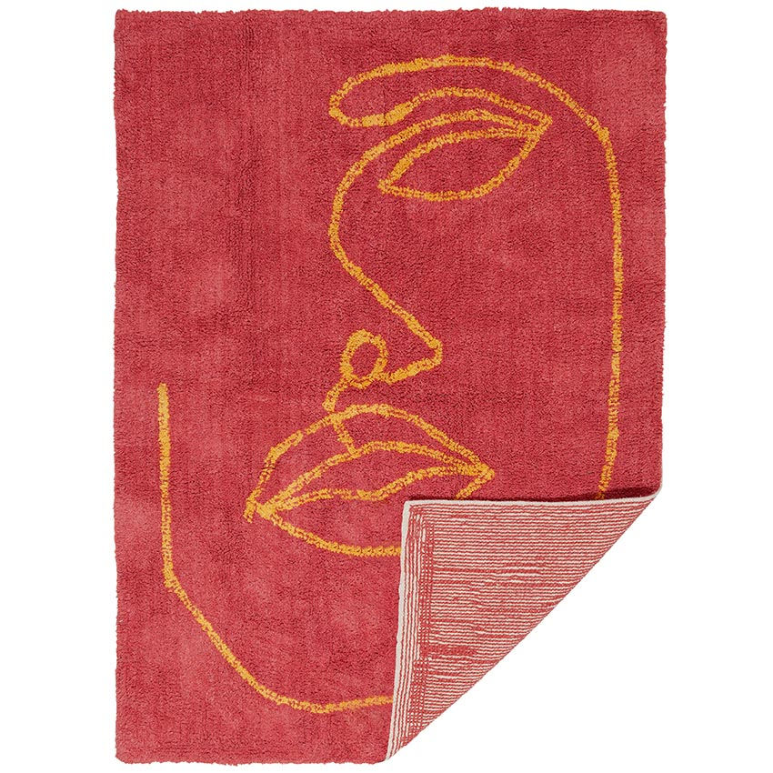 Thumbnail: Red Organic Cotton Abstract Face Rug - Line Art Rug