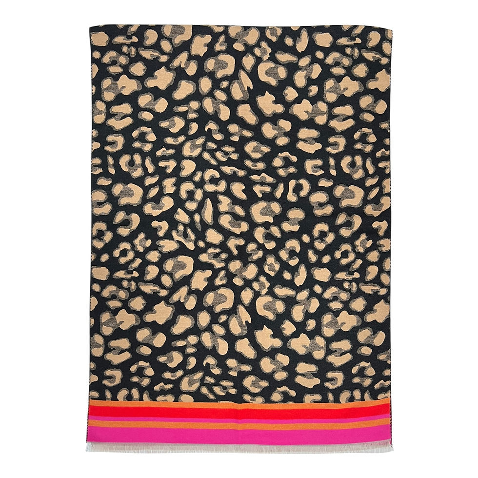 Thumbnail: Full view of leopard print pashmina scarf featuring a colourful red, orange and pink border with soft fringed edge