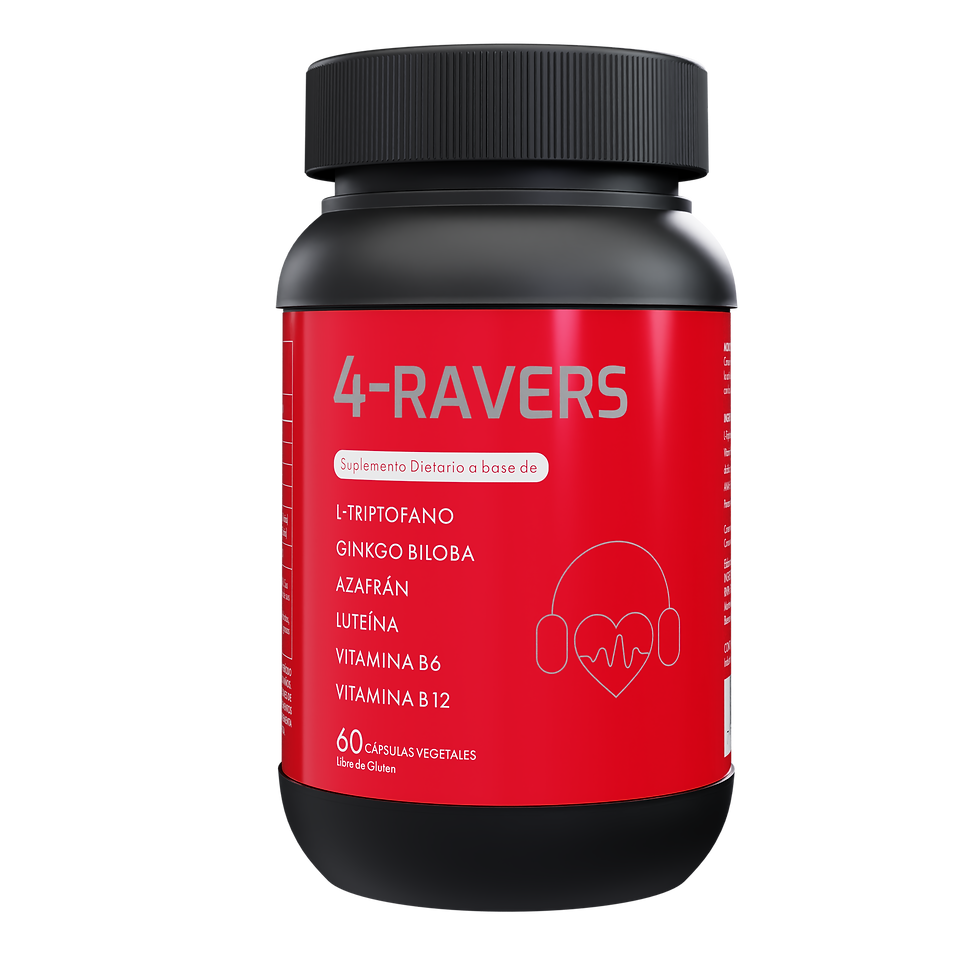 Suplemento 4-Ravers de Pills4One para recuperación post fiesta con triptófano y vitaminas