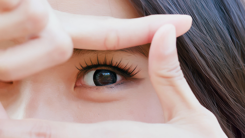 Person framing eye with fingers, showing clear dark iris and healthy white sclera