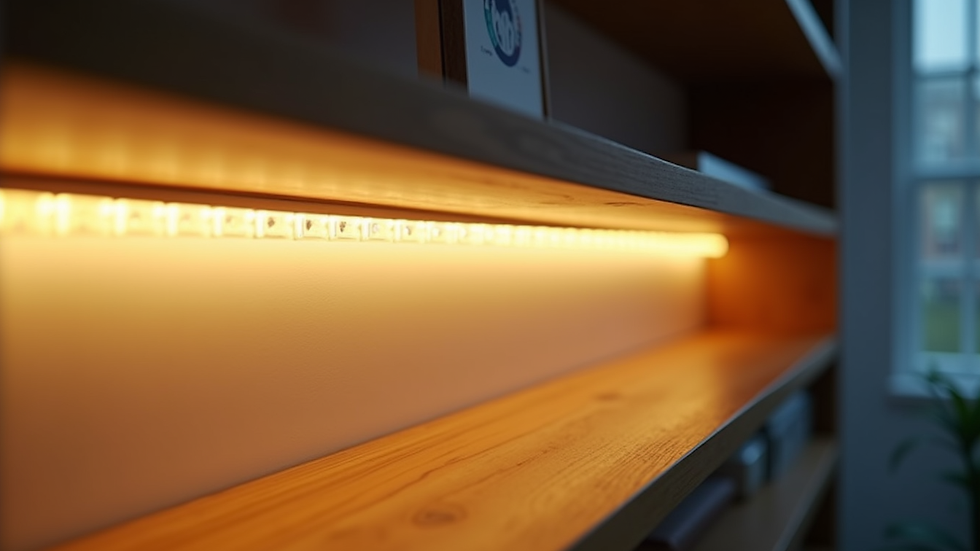 Close-up view of LED strip lighting installed under a wooden shelf creating a warm glow