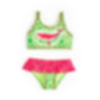 vestido de baño bikini en lycra color verde limon con fucsia ilustrado con una sandia ballena y con bolero fucsia con semillas de sandia en la parte del bikini vista frente 