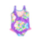 vestido de baño entero en lycra color morado ilustrado con peces globo de merengues de colores y con bolero en la parte inferior rosados en mayatex vista posterior