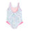 Thumbnail: vestido de baño entero en lycra color azul claro ilustrado con caballito de mar de helado y sprinkles de colores con bolero en la parte inferior rosados en mayatex vista posterior
