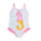  vestido de baño entero en lycra color azul claro ilustrado con caballito de mar de helado y sprinkles de colores con bolero en la parte inferior rosados en mayatex vista frente
