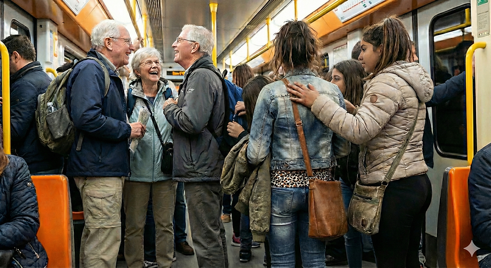 An illustration of how pickpockets operate on a crowded Rome Metro carriage. A group of elderly tourists is being targeted by young pickpockets reaching for their backpacks, highlighting the need to stay safe in Rome by being alert on public transport.