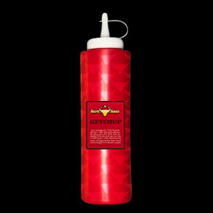 Red ketchup bottle with white nozzle against black background. Features a tomato graphic and "Ketchup" text with a star pattern on the label.