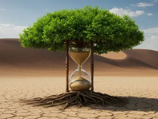 A tree and an hourglass combined to signify two different concepts of time horizon