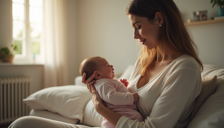 Eye-level view of a mother sitting quietly in a cozy room, holding her newborn close