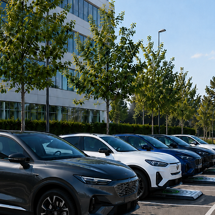 Electric vehicles lined up in a parking lot with UPANDCHARGE charging stations