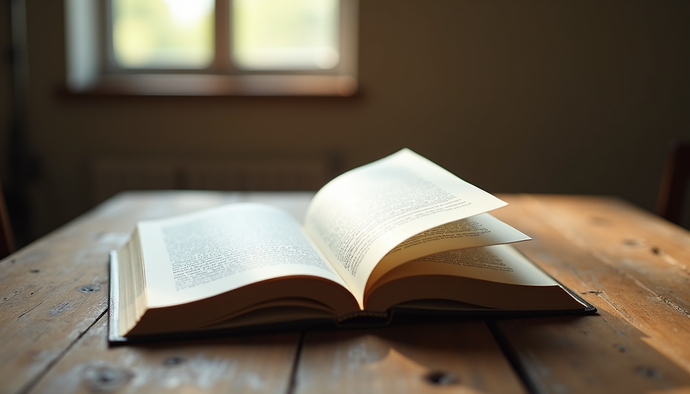 An open book on top of an old wooden table.