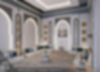 Elegant Middle Eastern interior design with arched alcoves and patterned low seating