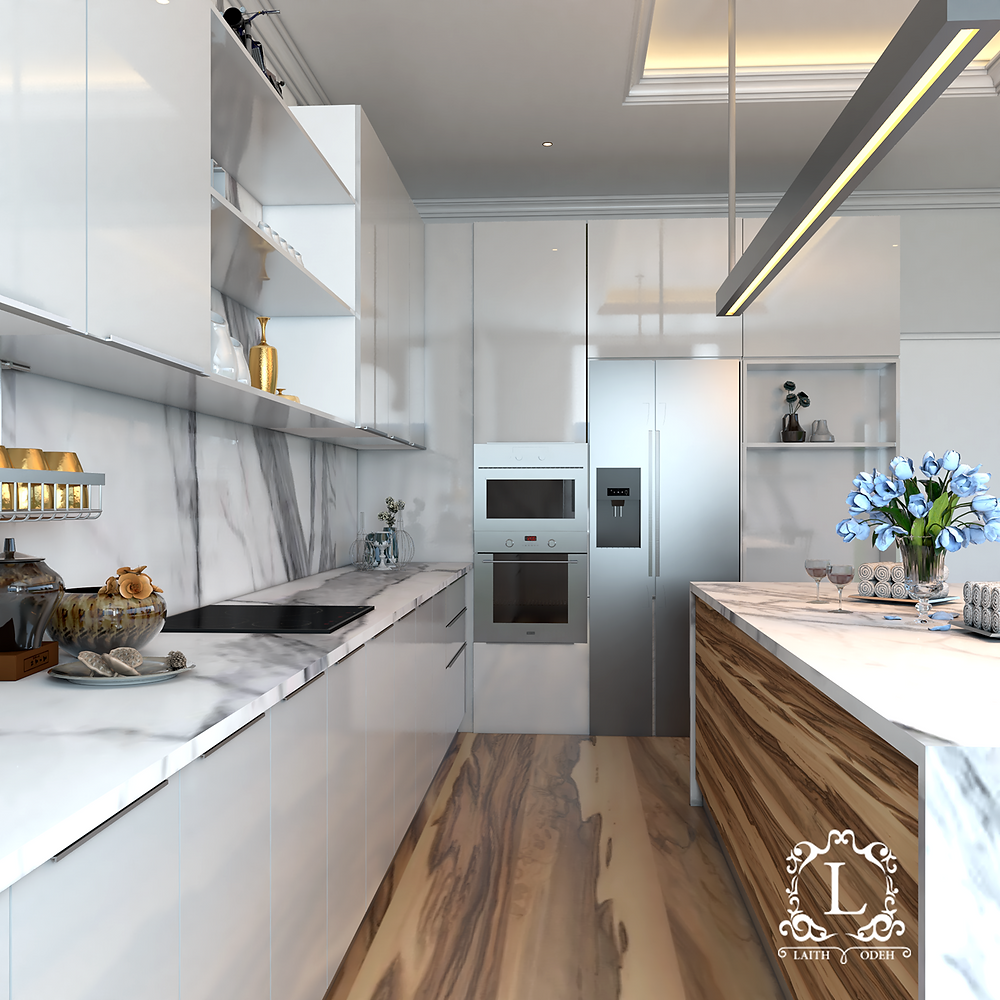 Modern kitchen interior design with white cabinets