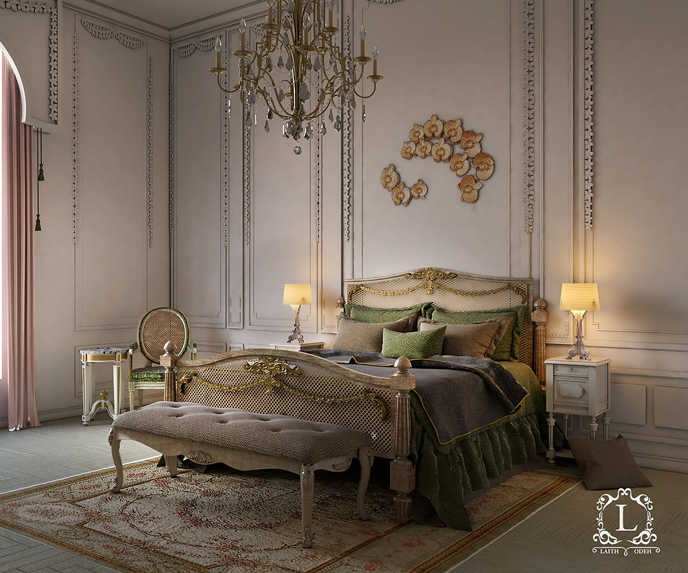 Classic bedroom interior design with ornate bed and chandelier