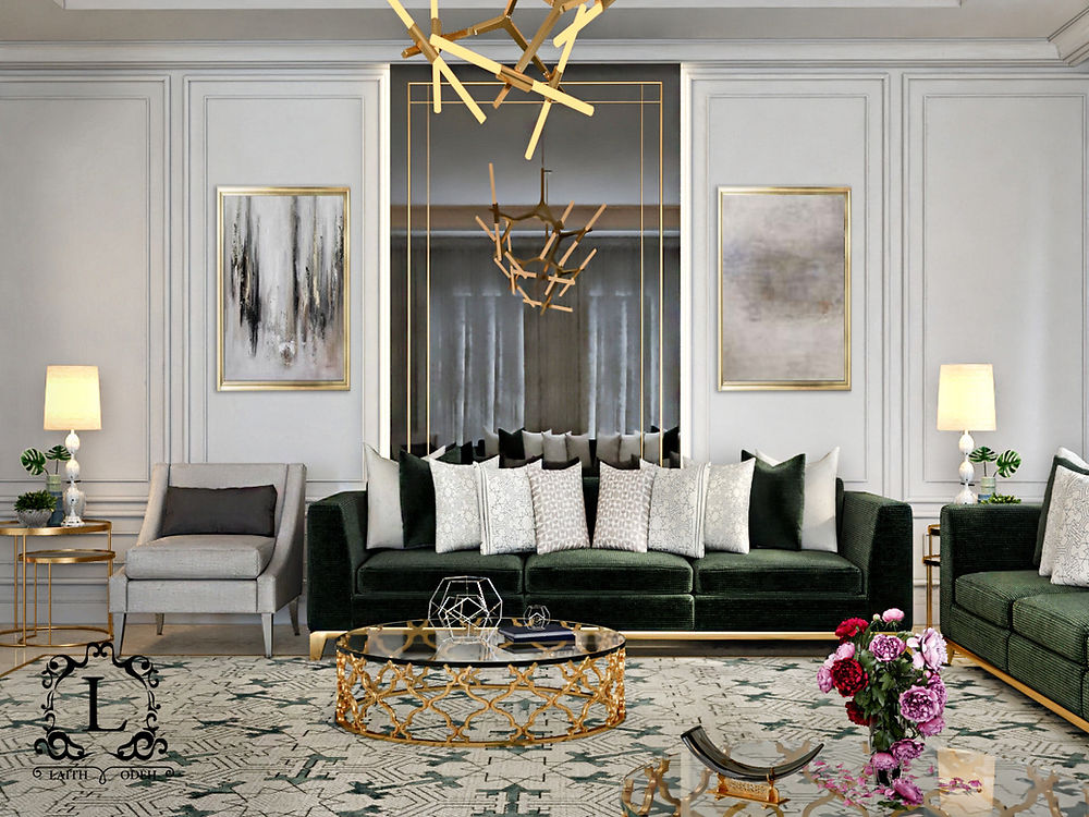 Elegant interior design with green velvet sofa, gold accents.