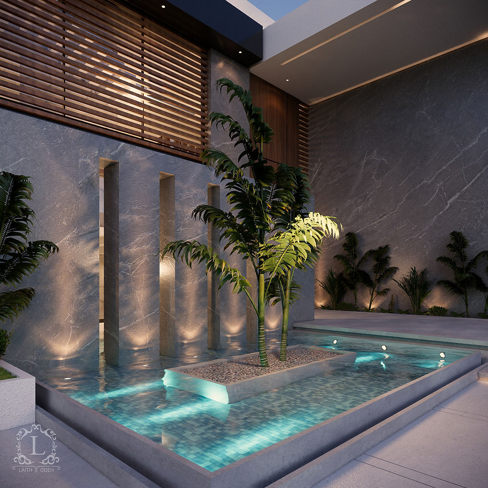 Bespoke exterior design with water feature and palm trees