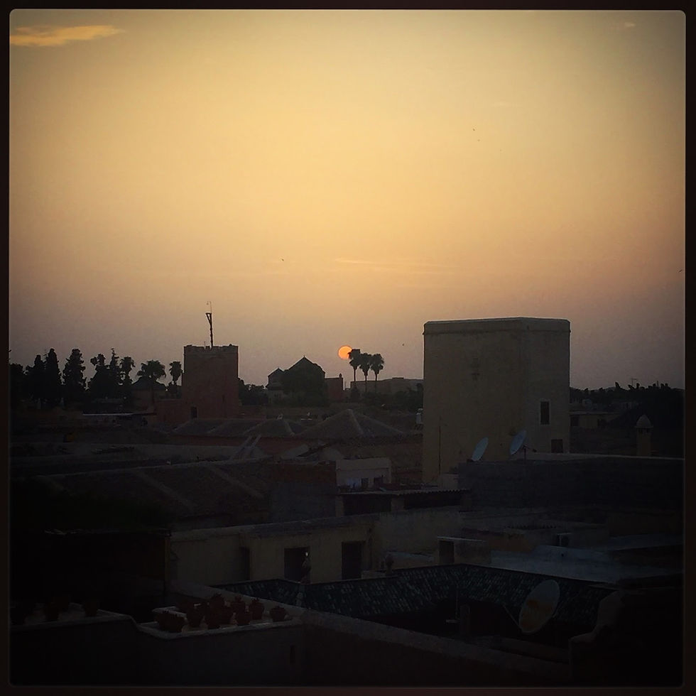The sun setting behind distant palms, seen from the roof of Equity Point.