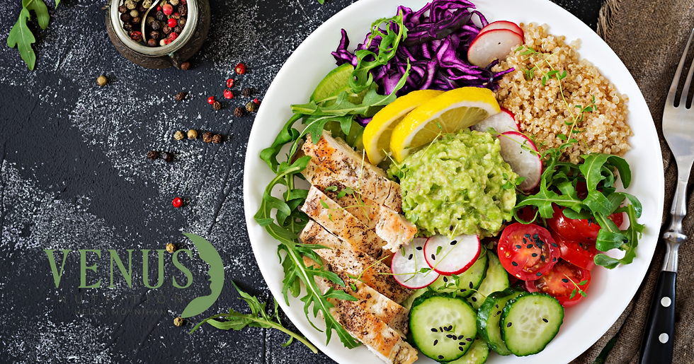 Plate of colourful, healthy balanced food including chicken, salad and brown rice.