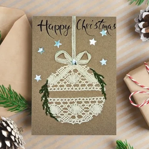 Beautiful Handmade Christmas Card with Lace Ball and Wreath