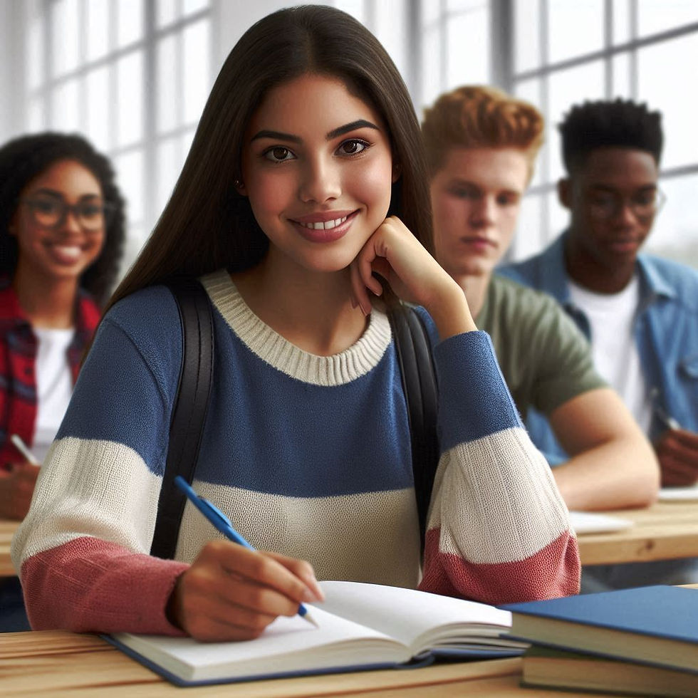 A Latina student sitting at her desk surrounded by classmates