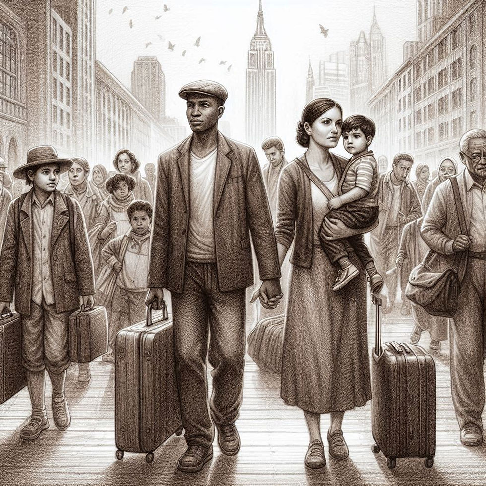 A scene of diverse immigrants arriving to New York City generated with AI