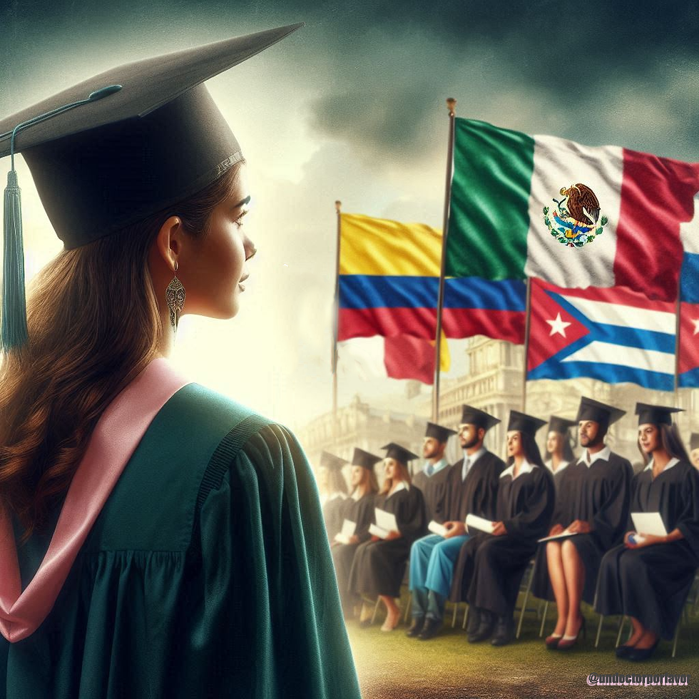 A Latina student looking at Latin American flags during graduation