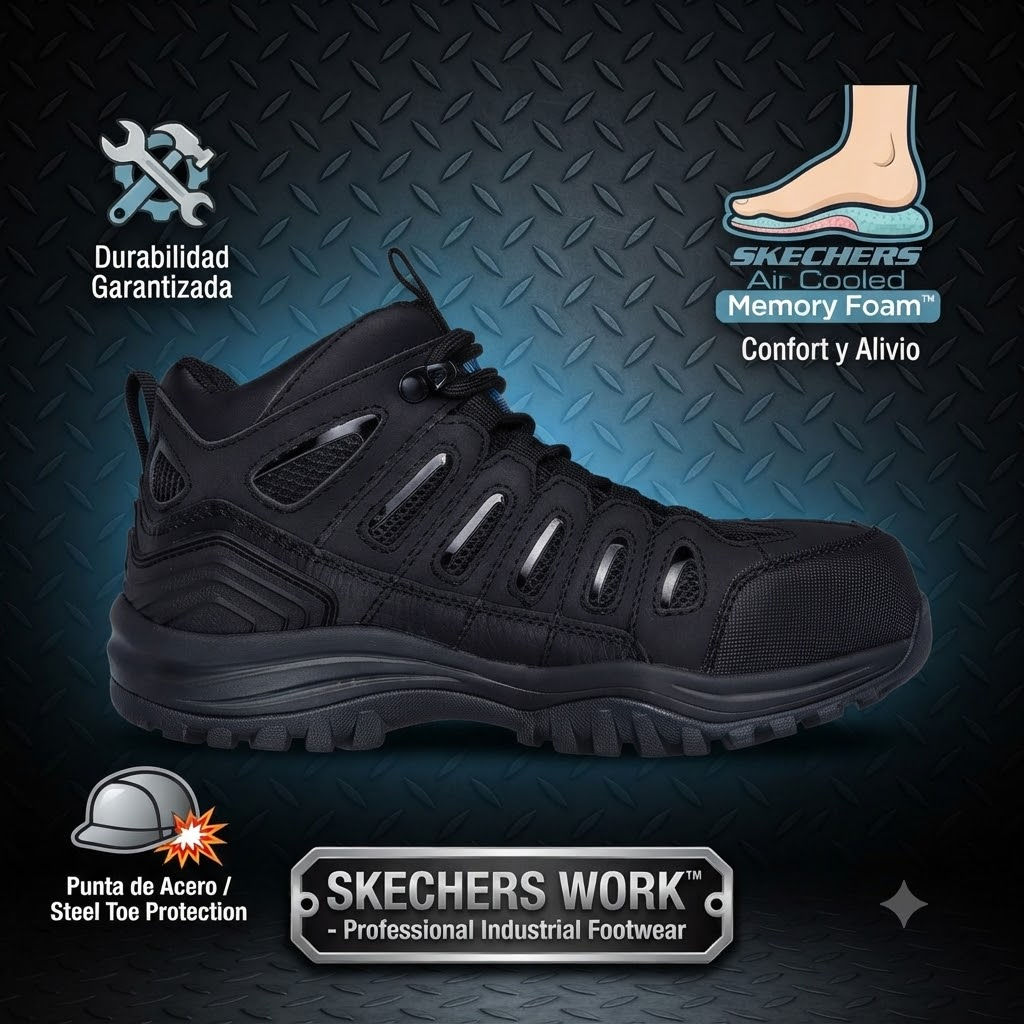 Bota de seguridad industrial negra Skechers Work en vista lateral, con puntera de acero, cordones y suela gruesa antideslizan