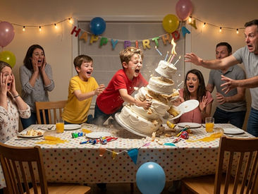 A child having a sensory meltdown at a crowded, noisy birthday party, illustrating a severe emotional response and a lack of behavioral control caused by weak sensory modulation and an overloaded nervous system.