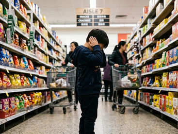 A young boy looks super anxious in a crowded, brightly lit, noisy supermarket. He’s tightly covering his ears with both hands, showing a clear auditory defensive or sensory overload reaction to the surrounding noise.