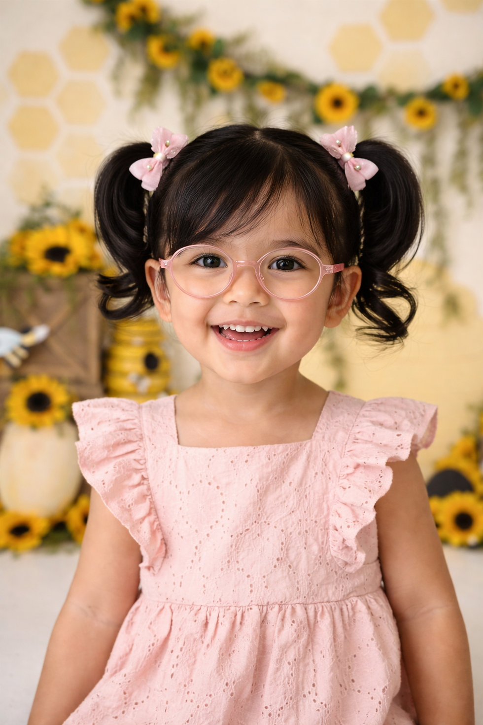 Smiling child with pigtails and glasses in a pink dress. Background with sunflowers and greenery on a creamy wall. Cheerful atmosphere.