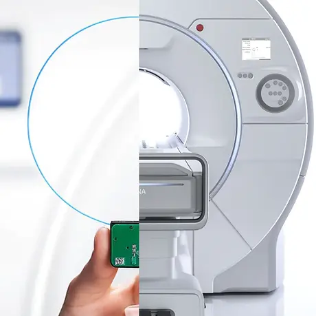 Composite image showcasing advanced MRI technology: one half features a close-up of a hand holding an MRI receiver coil with a circular antenna, while the other half displays the front of a modern MRI scanner