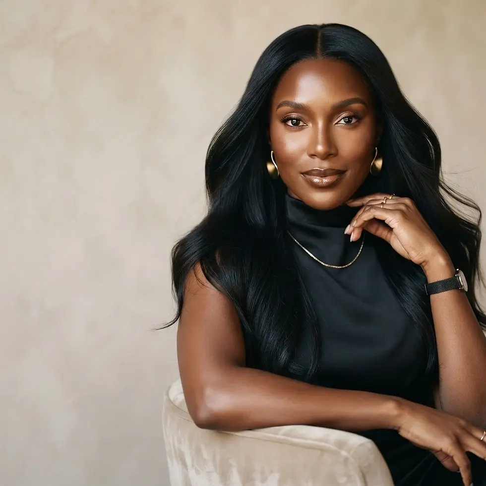 Studio portrait of an elegant Black woman with long, dark hair. She wears a black top and gold jewelry, looking confidently at the viewer.