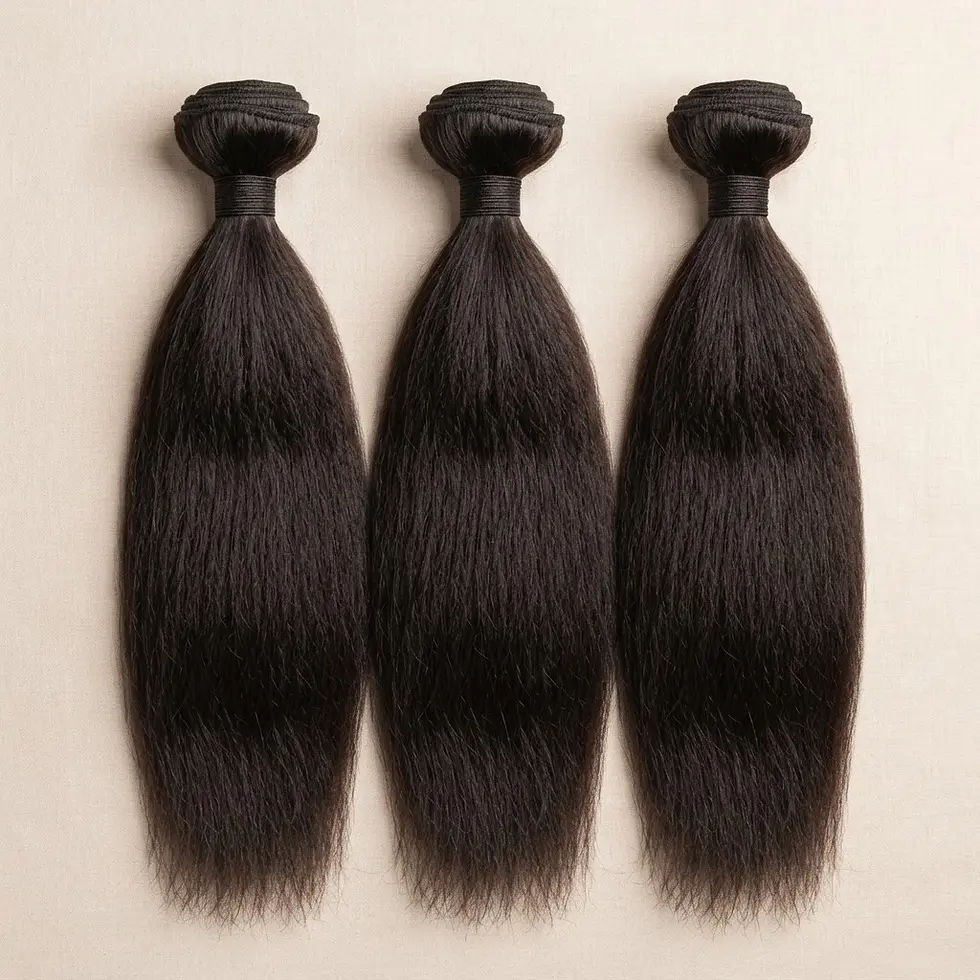 Studio photography of three bundles of dark, straight hair extensions. Presented cleanly against a neutral background.