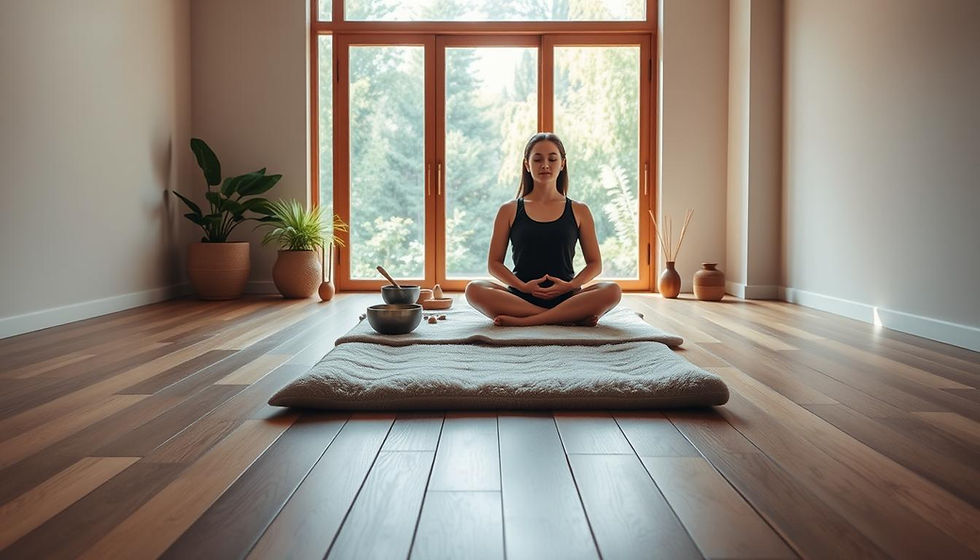 A serene meditation space with a wooden floor, soft natural lighting, and a large window overlooking a lush garden. In the foreground, a person sits cross-legged on a plush meditation cushion, their eyes closed and their hands resting gently on their lap. The middle ground features various meditation tools and accessories, such as a singing bowl, incense, and a small plant. The background showcases a tranquil, minimalist environment with neutral-toned walls and soothing, muted colors, creating a calming and introspective atmosphere.