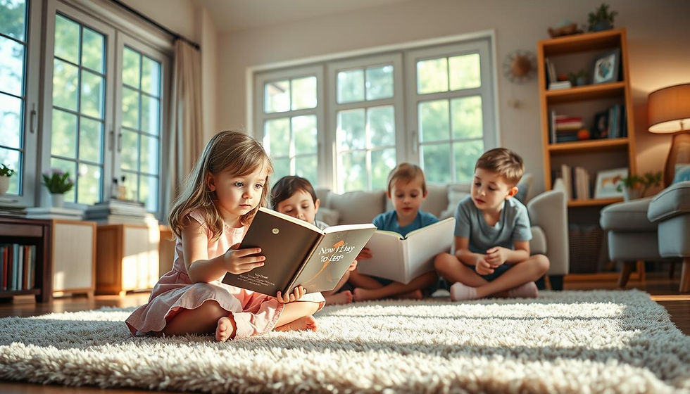 A cozy, sun-lit living room with young children sitting on a plush rug, their faces filled with curiosity as they ponder the "Now I Lay Me Down to Sleep" prayer. In the foreground, a young girl gently holds a bedtime storybook, while her brother and sister lean in, eyes wide with questions. Soft, warm lighting filters through large windows, casting a gentle glow on the scene. The background features bookshelves, family photos, and other comforting household details, creating an atmosphere of a safe, nurturing home. The children's expressions convey a sense of wonder, inviting the viewer to join their thoughtful exploration of the prayer's meaning and significance.