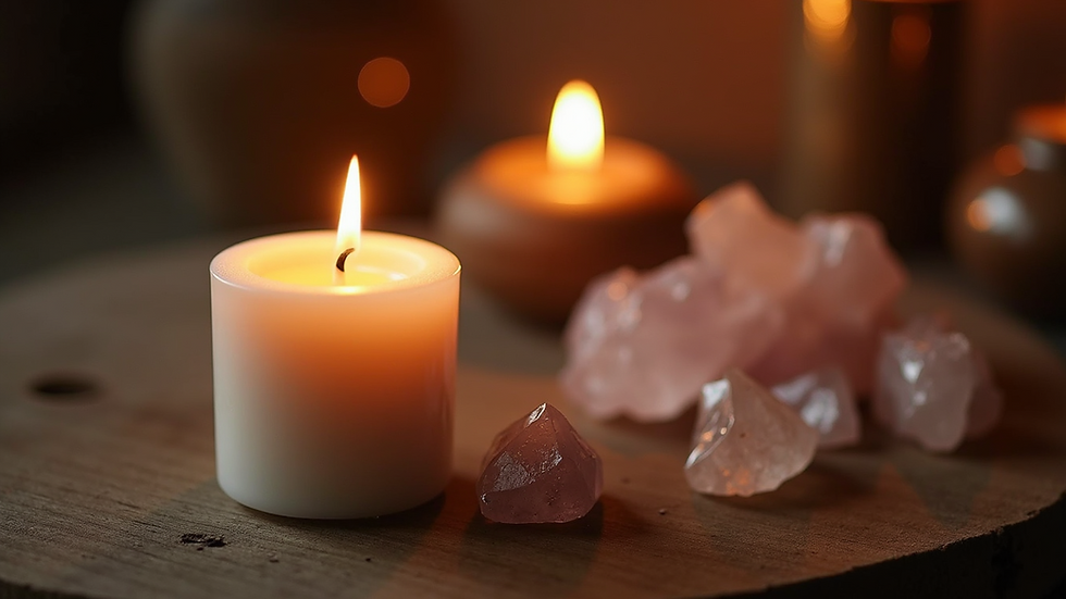 Close-up view of a candle and crystals arranged on a wooden altar