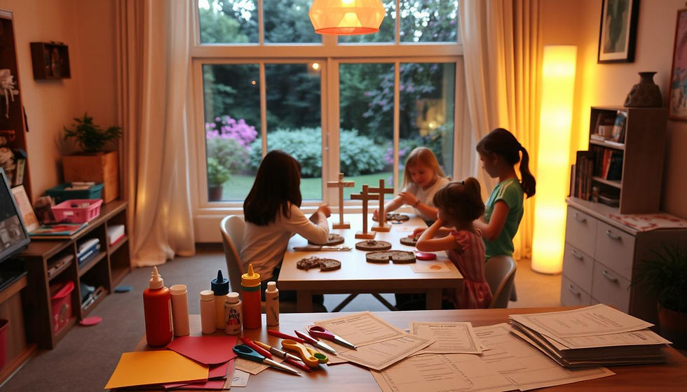 A cozy, well-lit crafting room filled with prayer-themed children's activities. In the foreground, a small table features an assortment of materials: colorful construction paper, glue sticks, safety scissors, and a stack of printed prayer templates. On the middle table, children are carefully decorating wooden crosses and crafting prayer beads. Soft, warm lighting casts a peaceful glow, and in the background, a large window overlooks a tranquil garden scene. The overall atmosphere is one of reverence, creativity, and faith-filled learning.