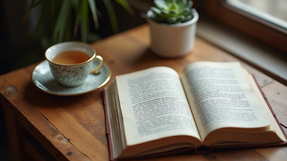 High angle view of an open book and a cup of tea on a wooden table