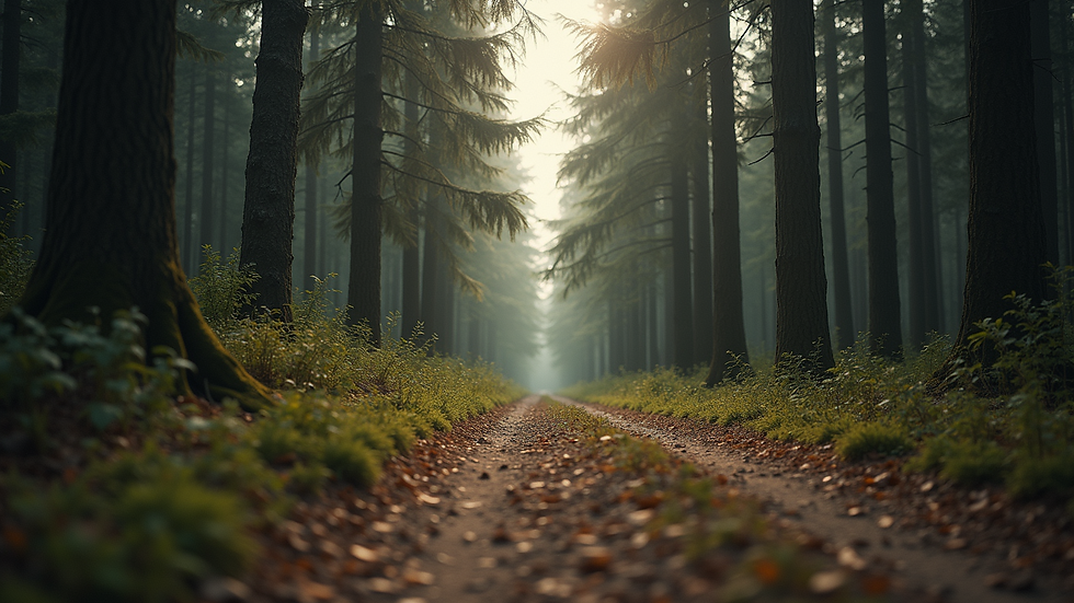 Eye-level view of a serene forest path surrounded by tall trees