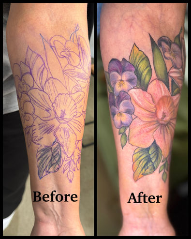 Before and after of a coverup tattoo featuring realistic color daffodils and violets on a forearm done tattoo artist by Matisse Maugh of Bloodstone Tattoo Studio in Tacoma, Washington. 