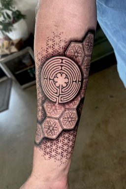 Black and grey geometric forearm tattoo featuring a labyrinth and the flower of life done tattoo artist by Matisse Maugh of Bloodstone Tattoo Studio in Tacoma, Washington.