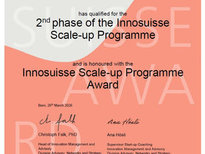 Certificat Innosuisse ScaleUp Award pour heyPatient AG confirmant la qualification à la phase 2 du programme ScaleUp en mars 2026