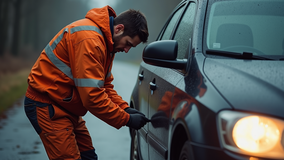 Close-up view of a roadside assistance technician helping a stranded driver